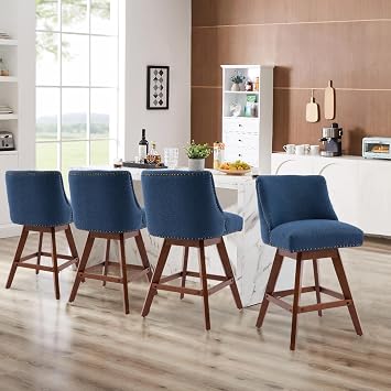 SoarFlash Kitchen Linen Swivel Bar Stools with Solid Wood Legs Upholstered Counter Stools Set of 4, Blue