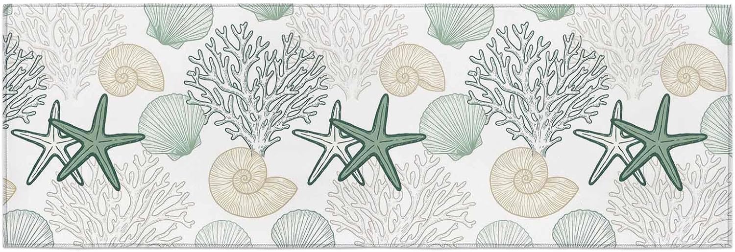 Teamery Kitchen Mats for Floor Ocean Green Starfish Seashells Washable Non Slip Kitchen Rugs 1PCS, Marine Life Corals Conch Absorbent Standing Mats for Sink Bathroom Office Living Room 23.6x70.9in