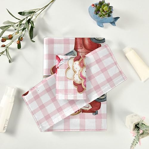 Miniatura 6 de Juego de 3 toallas románticas a cuadros con diseño de corazón rosa con resorte de globo, toallas de baño suaves y absorbentes, toallas de mano,