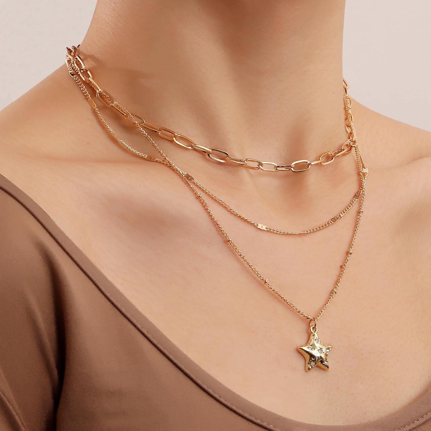 Boho Layered Gold Star Necklace Star Pendant Necklace Paperclip Chain Necklaces Jewelry for Women - Image 2