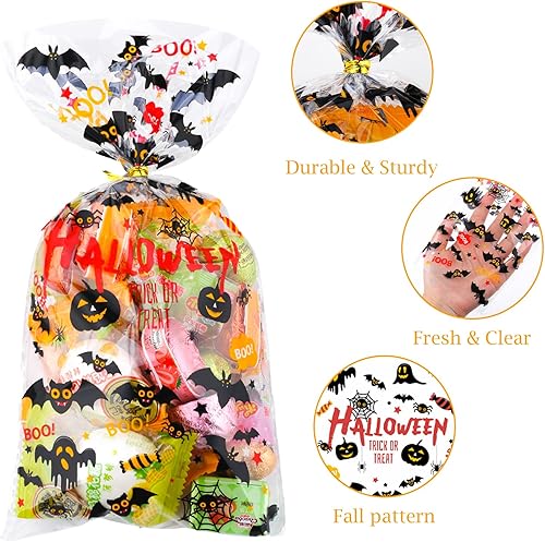 Miniatura 3 de 180 bolsas de celofán de Halloween, bolsa de plástico transparente para dulces con lazos dorados para fiestas de Halloween
