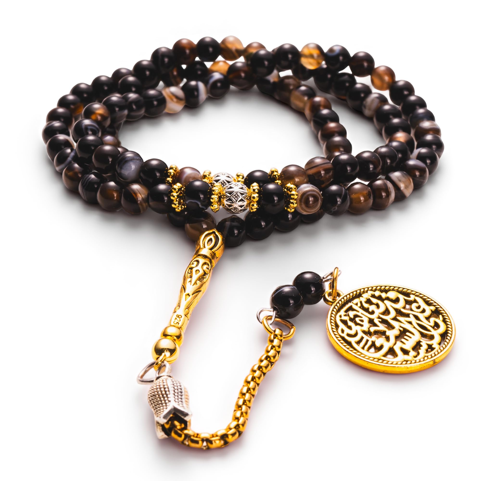 Banded Agate Tasbih 99 Tasbih Tesbih (6 mm) – Smooth Round Misbaha with Gold-Tone Medallion & Premium Gift Box – Ramadan/Eid, Hajj & Umrah Gift for Men: Father, Husband, Boyfriend, Brother