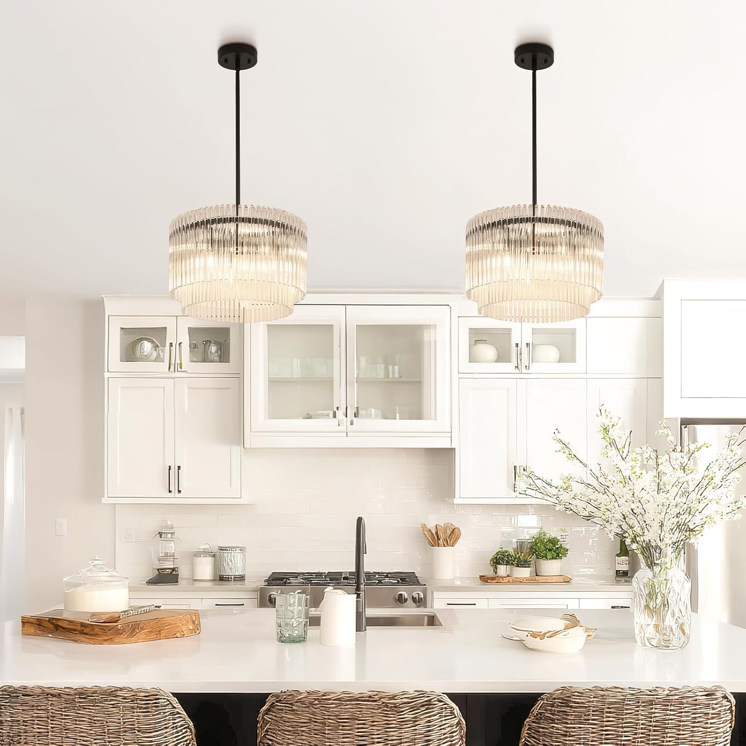 15.44" Drum Chandeliers Dining Room Black Modern Round Glass Brushed Nickel Chandelier 6-Lights with Crystals for Living Room Kitchen Island Entryway Foyer Stairway Light Fixture