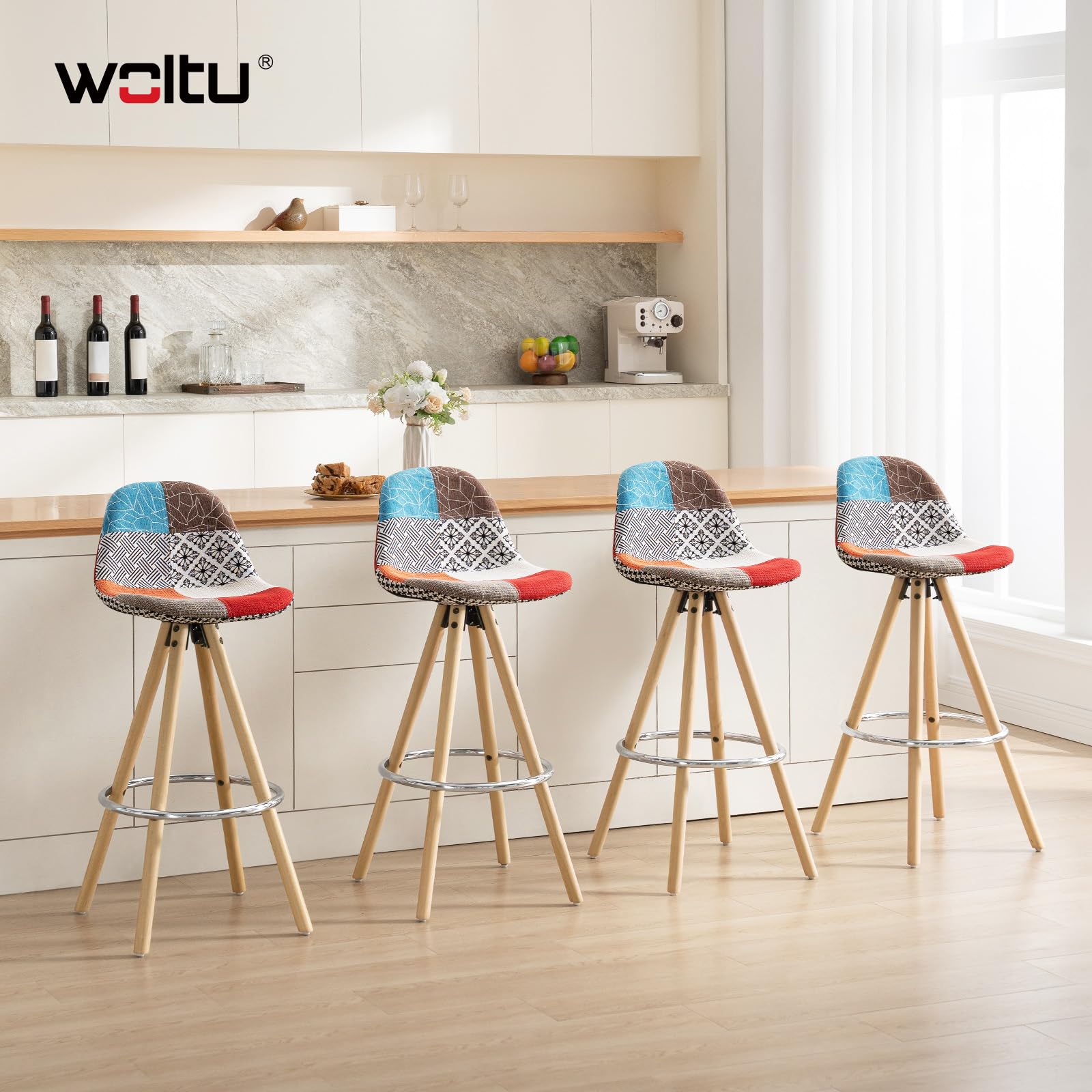 WOLTU 1 x Tabouret de Bar en Lin avec Dossier + Repose-Pieds Design Tabouret de Cuisine en Bois,Patchwork Multicolore