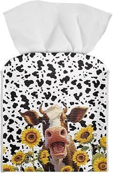 Cow Print Sunflower Tissue Box Cover Square Leather Tissue Box Holder Case Home Decorative Kleenex Box Covers Organizer for Tabletop, Bathroom, Car, Office Milk