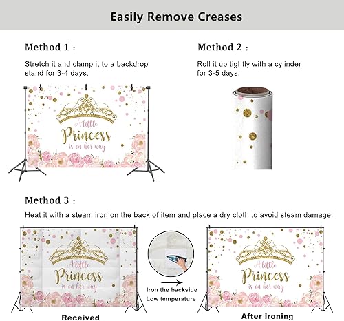 Miniatura 5 de YongFoto Telón de fondo para baby shower con corona dorada de 7 x 5 pies para fotografía floral rosa con texto en inglés "A Little Princess is On