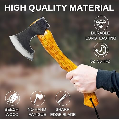 Miniatura 3 de Hacha de camping, hacha de acero forjado de 15.6 pulgadas con funda de cuero, hacha barbuda con mango de haya, hacha al aire libre para división de