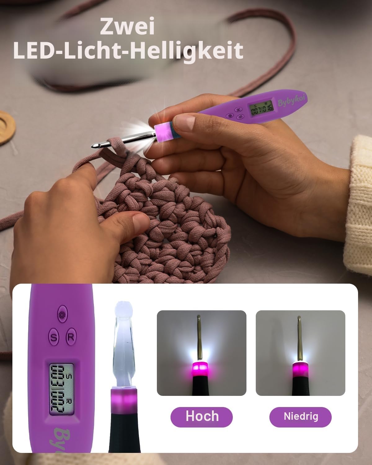 Beleuchtete Häkelnadeln Set-18 Größen Digitale Häkelnadeln mit Zähler 2,0~14,0mm, Ergonomische Häkelnadeln Beleuchtete Häkelnadeln für Stich- und Reihenzählung