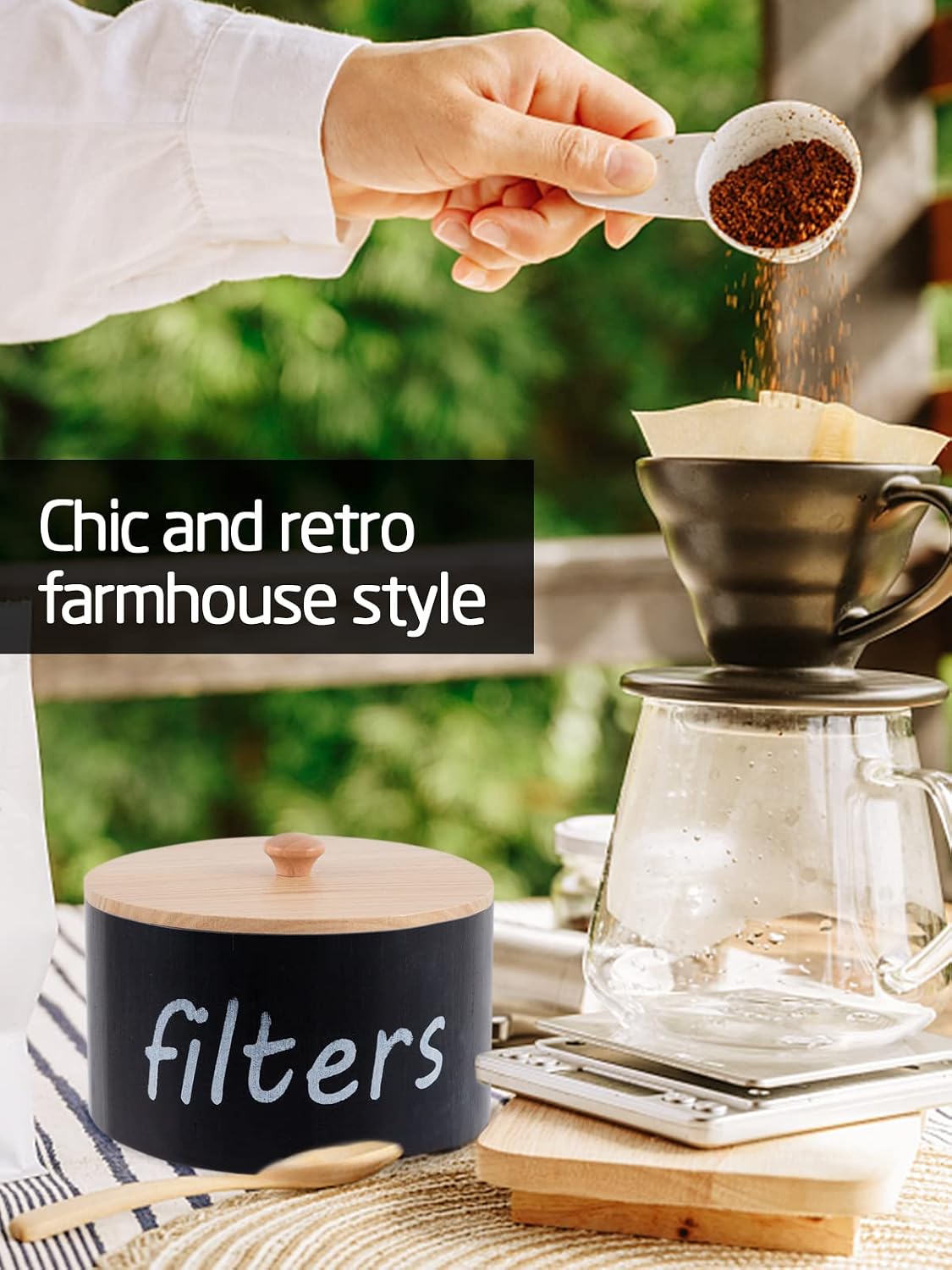 Wooden Storage Container Basket Coffee Filter Holder with Lid, 6’’ in Diameter & 3.5’’ in Height for Storing Various Filter Papers Tea Bags Coffee Beans