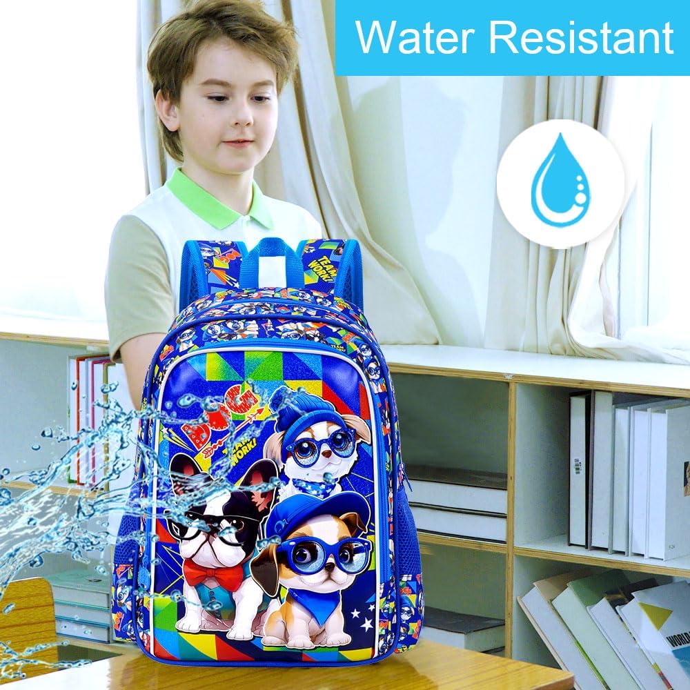 KLFVB 3PCS Boys Backpack, Water Resistant Kids Bookbag with Lunch Box, 16" Preschool Backpacks for Elementary - 3*dog Blue