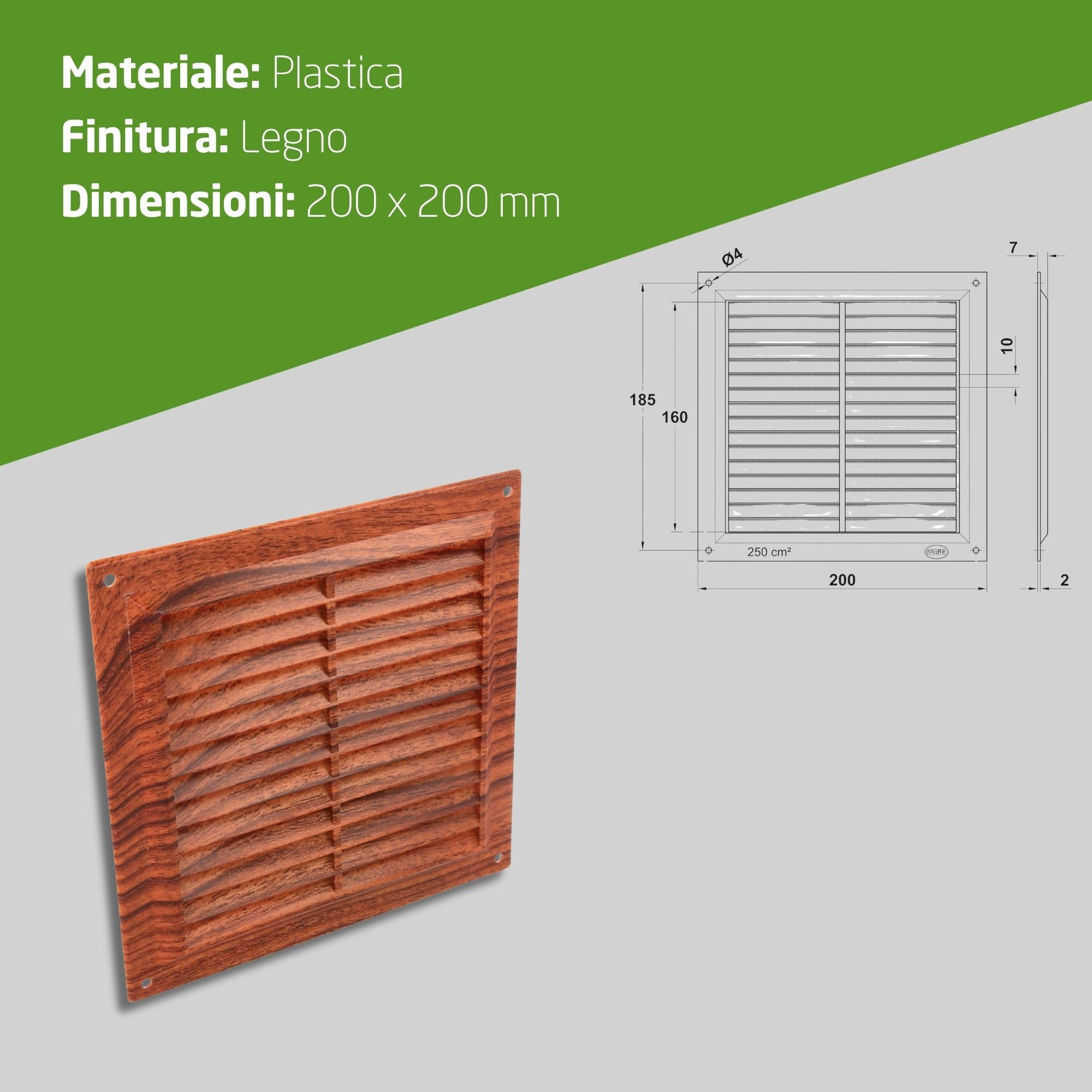 Amig - Set di 6 griglie di ventilazione quadrate in plastica con zanzariera - Per cucina e bagno - 200x200 mm - Sapelli