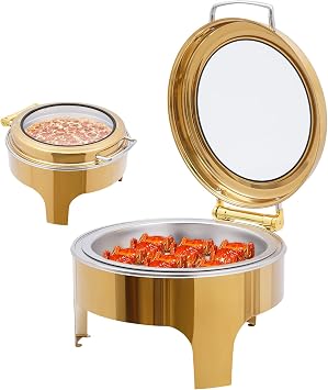 Chafing Dish Buffet, Stainless Steel Round Chafer and Buffet Warmer for Catering with Glass Lid & Handle, Tripod Frame, Fuel Holder, Alcohol Stove for Party Holiday Event, Golden