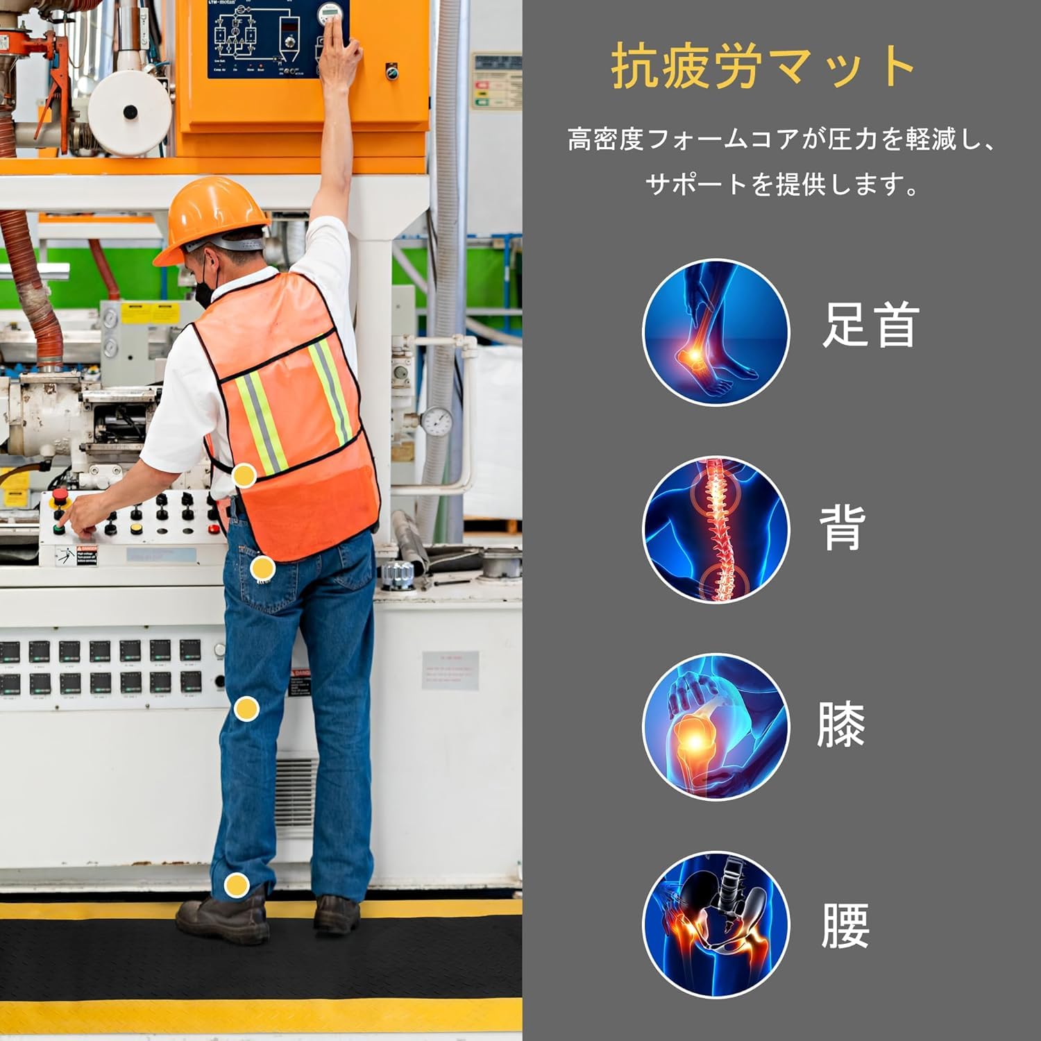uyoyous 疲労軽減マット 産業用 快適クッション 高耐久疲労軽減 92cm*152cm 厚さ24mm 表面PVC 発泡裏地 ゴム底面 体圧分散 高耐久 防滑 冷え防止 立ち仕事用 工場 倉庫