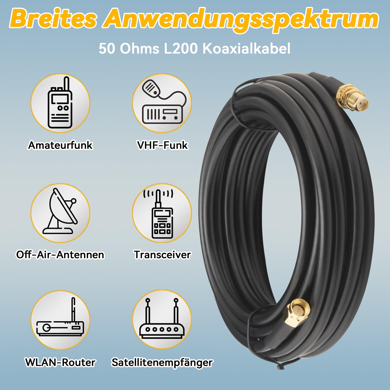 Câble d'antenne SMA équivalent LMR200 - 15 m - Mâle vers femelle - 50 ohms - Faible perte - Câble coaxial RF pour antenne extérieure, routeur 5G LTE, répéteur Wi-Fi