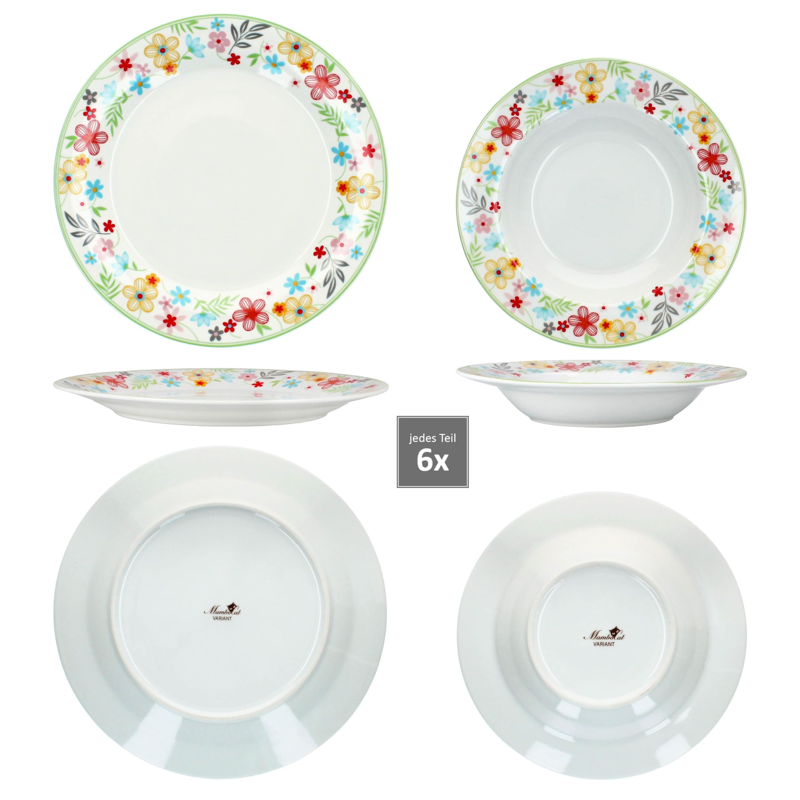 MamboCat Variant Blümchen 30tlg Kombiservice I Porzellan-Geschirrset mit Blumen-Rand für 6 Personen I Je 6x Kaffeetassen 200ml, Untertassen, Kuchenteller, Suppenteller & Speiseteller