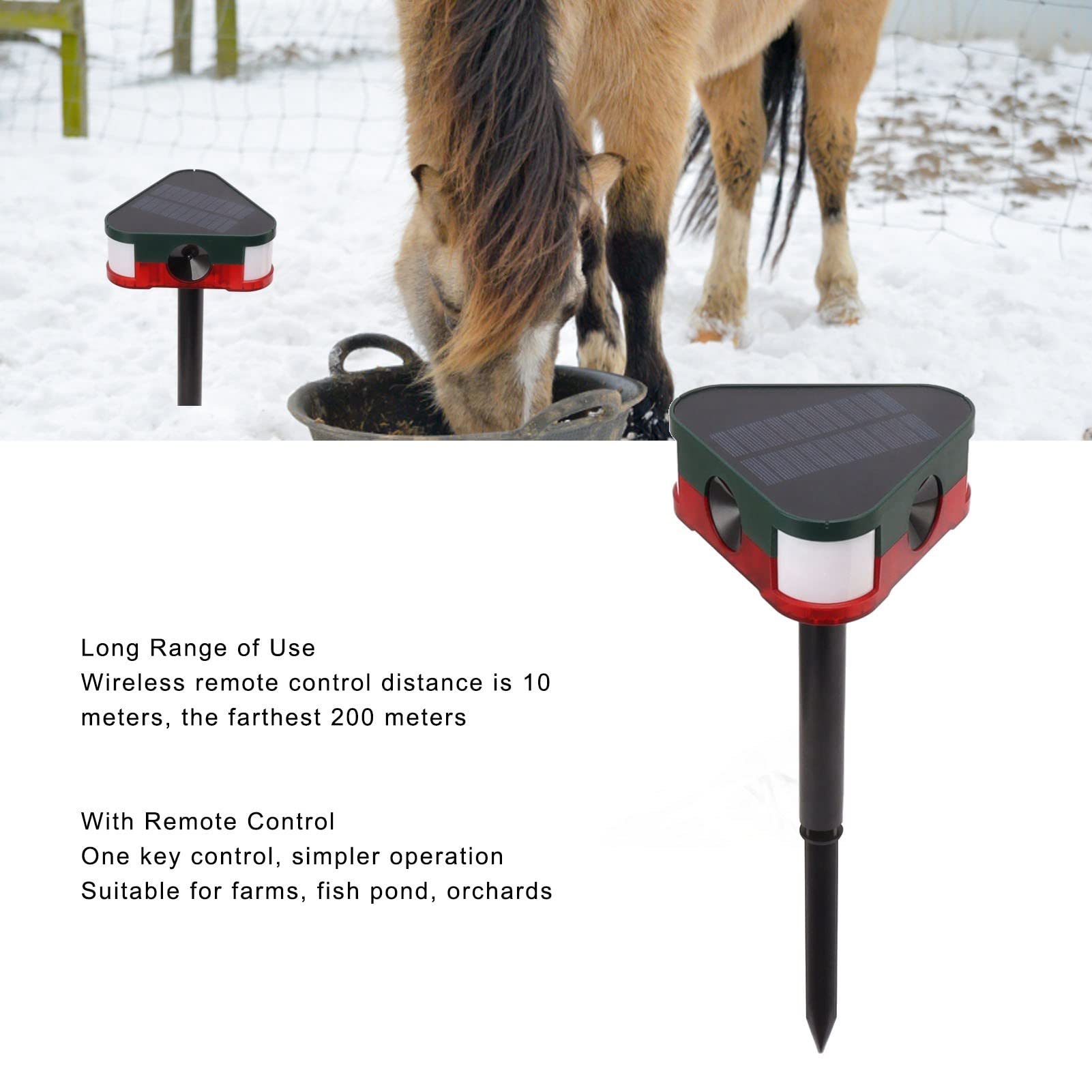 Répulsif pour Animaux à énergie Solaire, Alarme de Capteur Extérieur Longue Distance avec Télécommande, Plusieurs Modes pour Chats, Taupes, Chiens, écureuils, Cerfs, Renards, Etc.