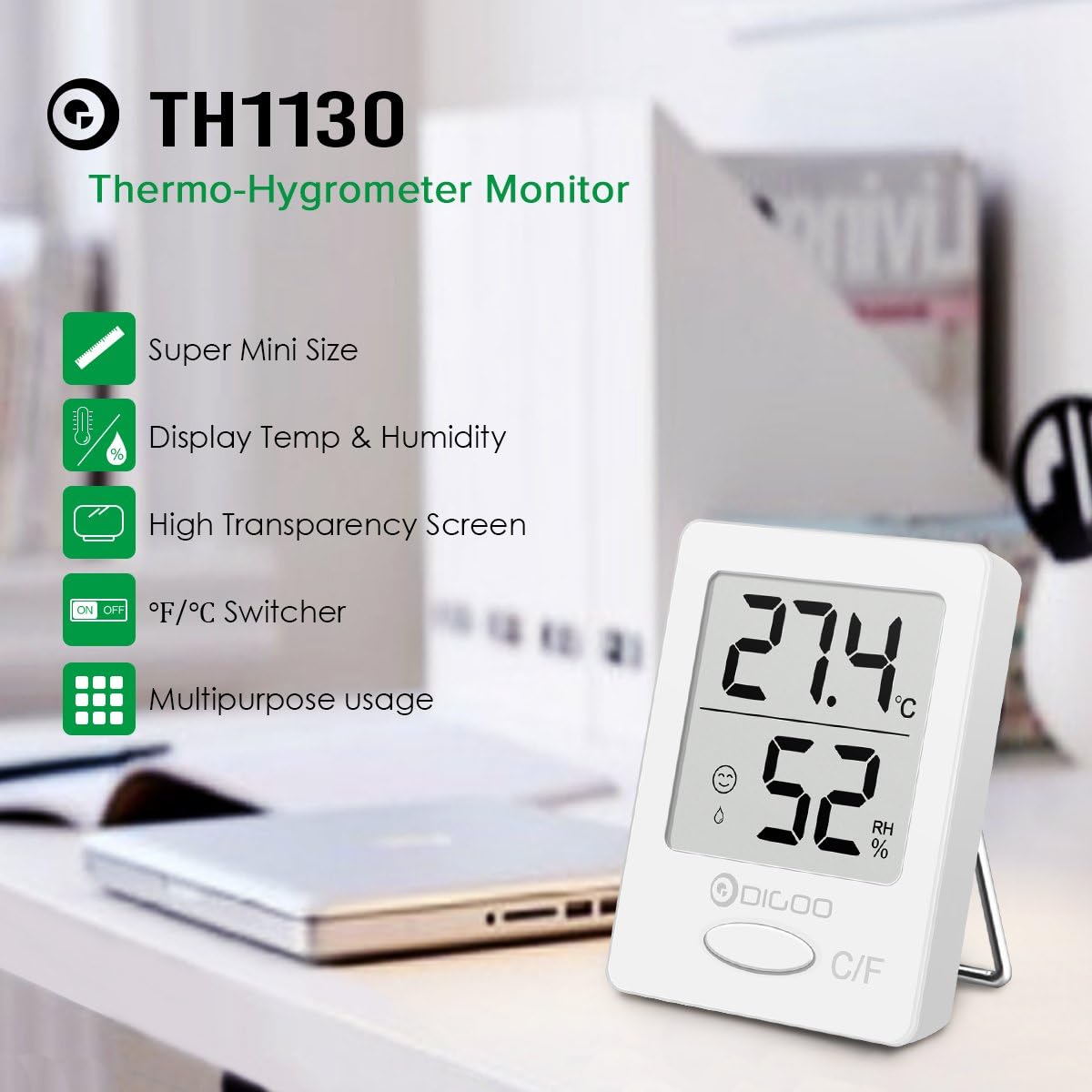 Close-up of DIGOO DG-TH1130 display showing temperature, humidity, and comfort icons