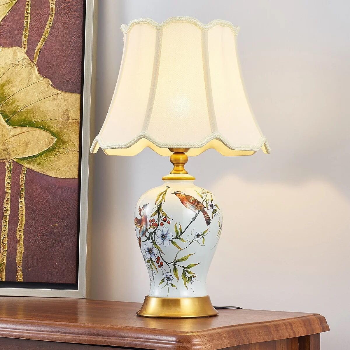 HvKvHvY Vintage Ceramic Table Lamps,E27 Handmade Bedside Lamp Nightstand Lamps, Classic Chinoiserie Green Fabric Desk Lamp for Bedroom Living Room Office(B04)