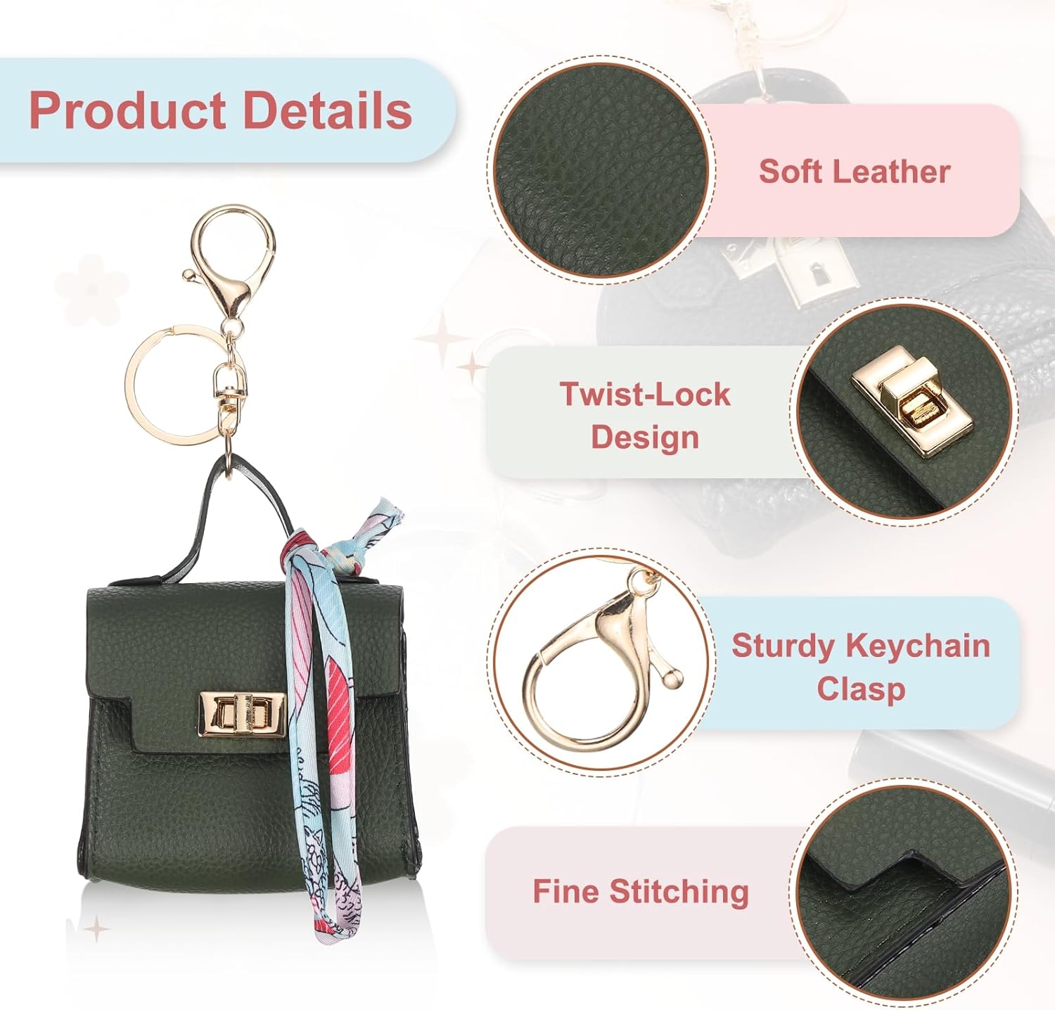 PATIKIL Mini Backpack Keychain, Cute Coin Purse Keychain PU Leather Backpack Purse Key Chain Little Earbud Bag Keychains for Women Mini Card Data Cable Organizer, Green - Image 3