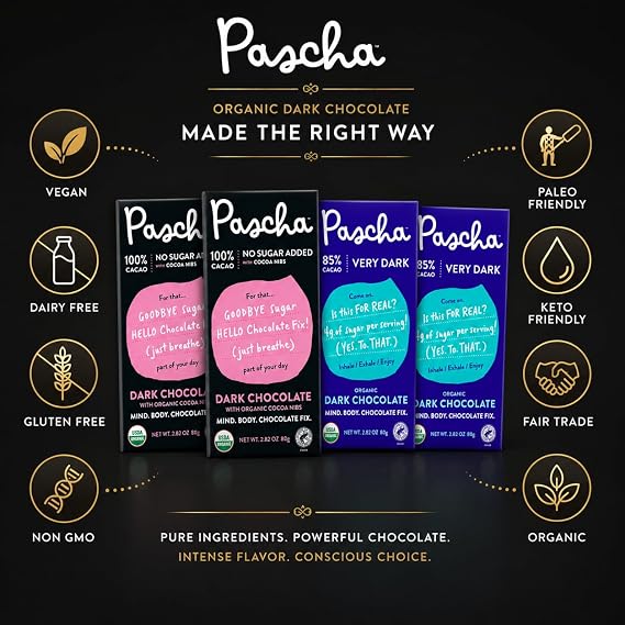 Pascha Organic Dark Chocolate Bars Variety Pack 4 Pack (2 x 85% Cacao + 2 x 100% Cacao) Vegan, Dairy Free, Gluten Free, Paleo, Keto Friendly, Fair Trade, Non GMO, Intense Rich Dark Chocolate