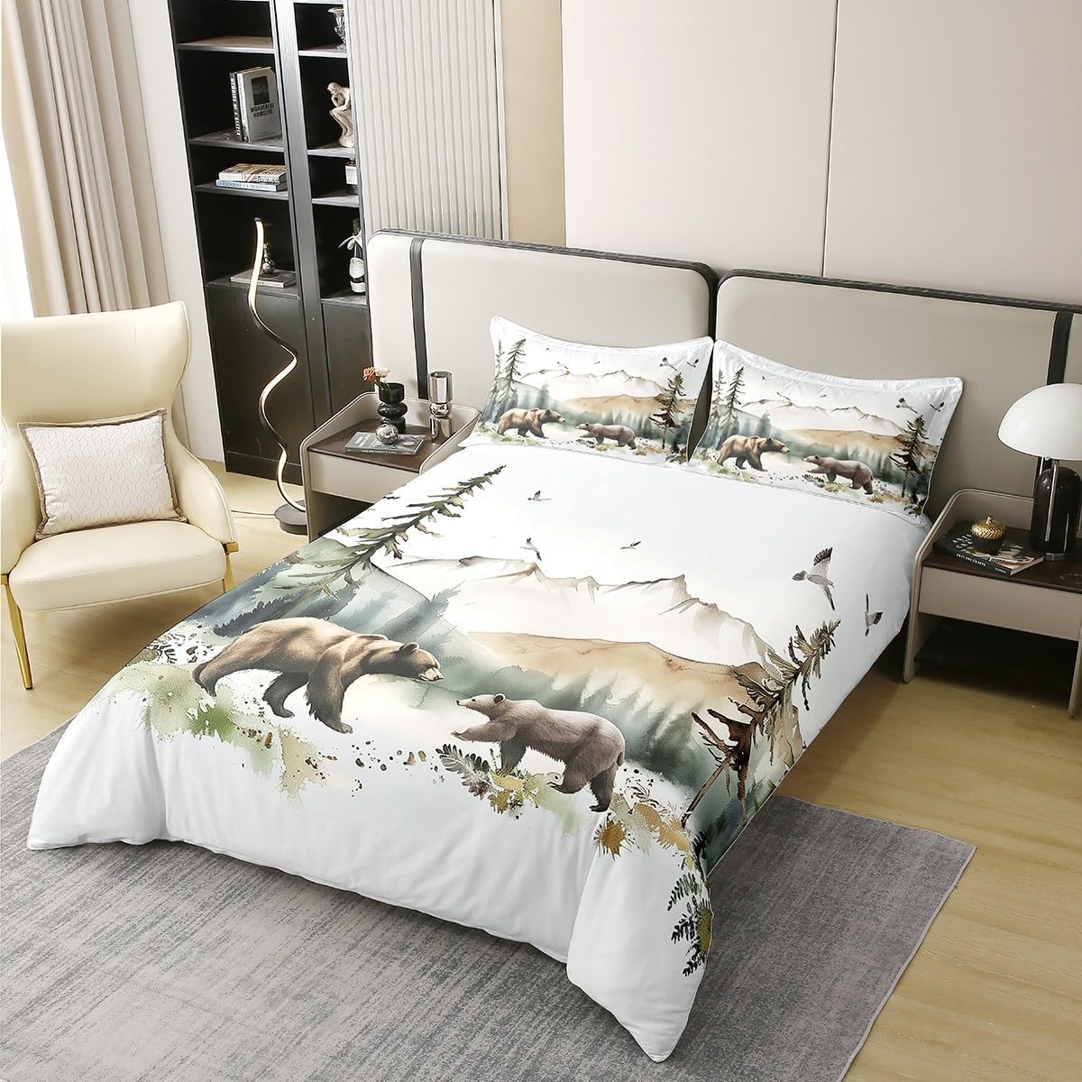 jejeloiu Bear Duvet Cover 100% Cotton King Size Boys Girls Nature Wildlife Bear Bedding Set Breathable Soft Rustic Cabin Country Comforter Cover 3Pcs Farmhouse Bedroom Decor Microfiber Zipper Closure