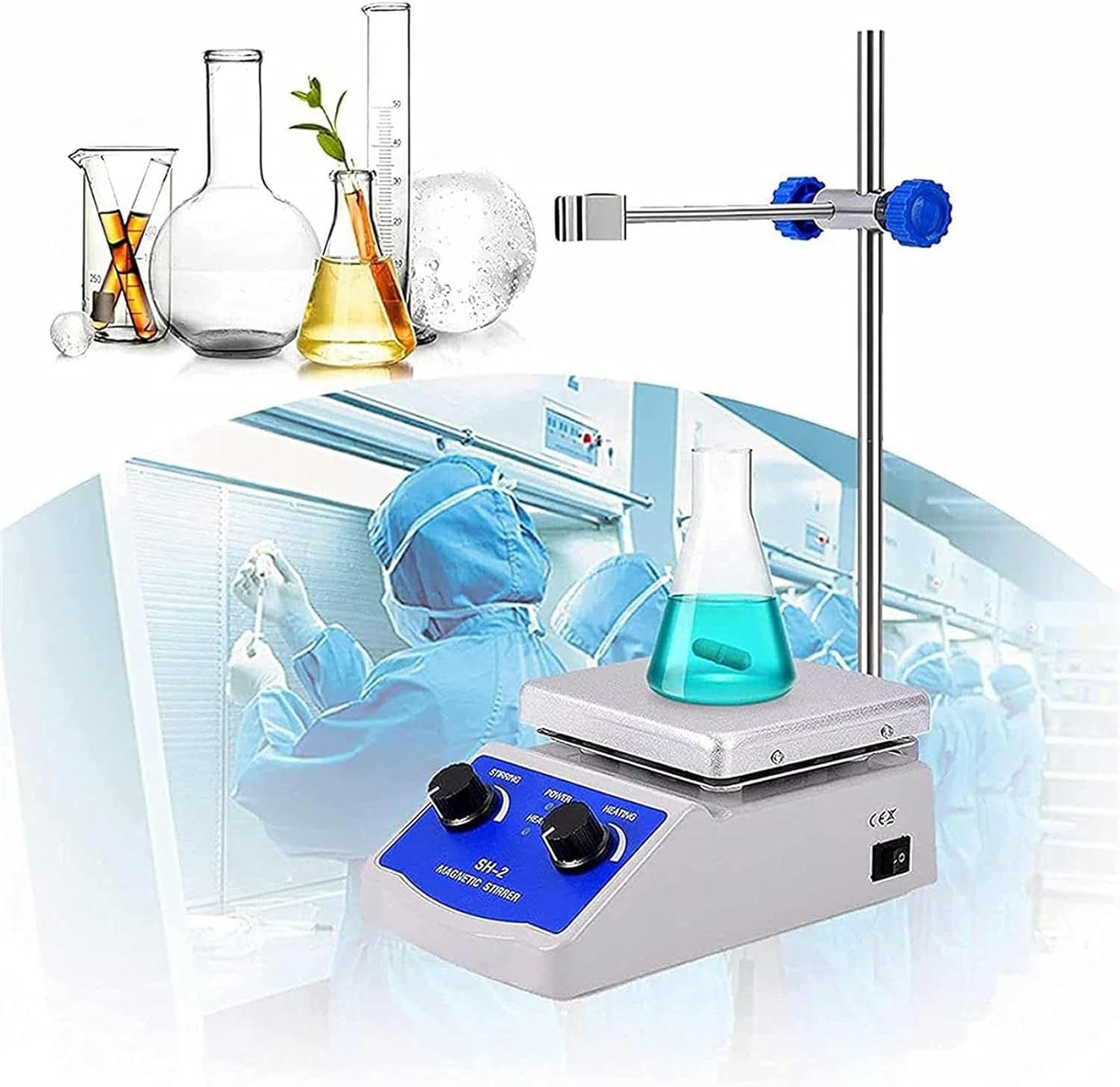 Potente agitador magnético de Laboratorio, Placa Caliente con agitador magnético con calefacción, Potencia de Calentamiento de 180 W 0-1600 RPM con Soporte para Laboratorio, Aula