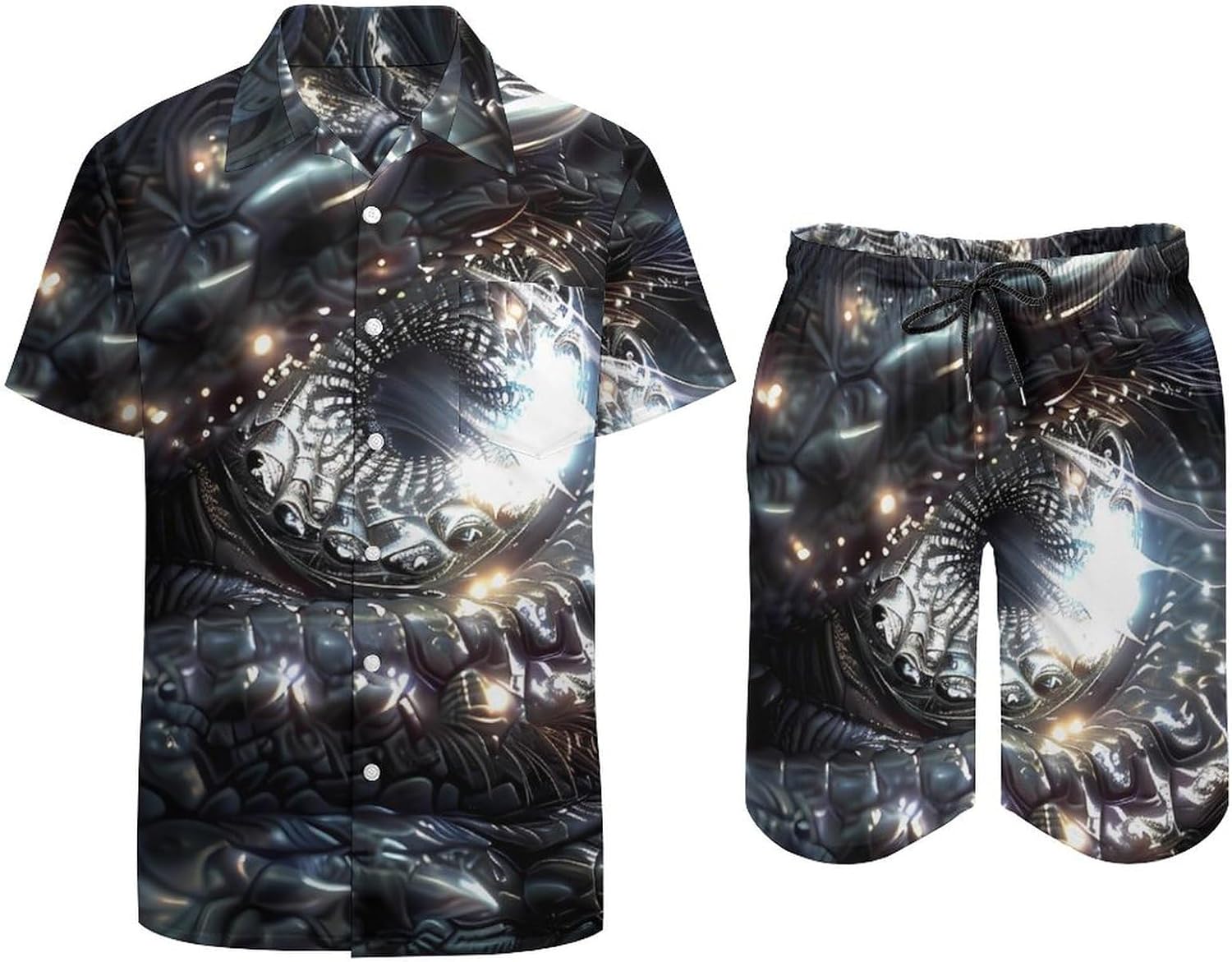 Monochrome Dragon Eye Men's Summer Beach Outfits Shirt And Shorts Set 2 Piece Vacation Swimwear