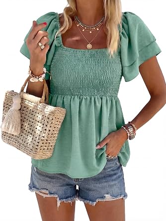 Womens Summer Peplum Tops Square Neck Ruffle Trim Short Sleeve Blouse Smocked Top Dressy Casual Shirts
