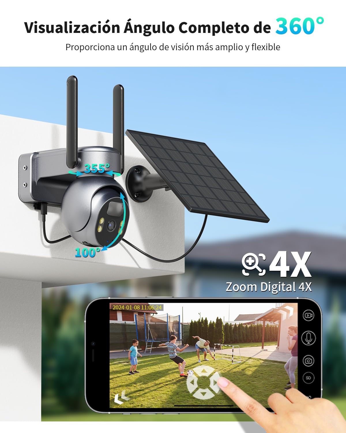 SEHMUA 4G LTE Celular Cámara Vigilancia Exterior con Panel Solar y Tarjeta SIM, 2K HD Cámara Visión 360° con Batería PTZ, Visión Nocturna Colorida y Detección PIR Humana, Impermeable IP66