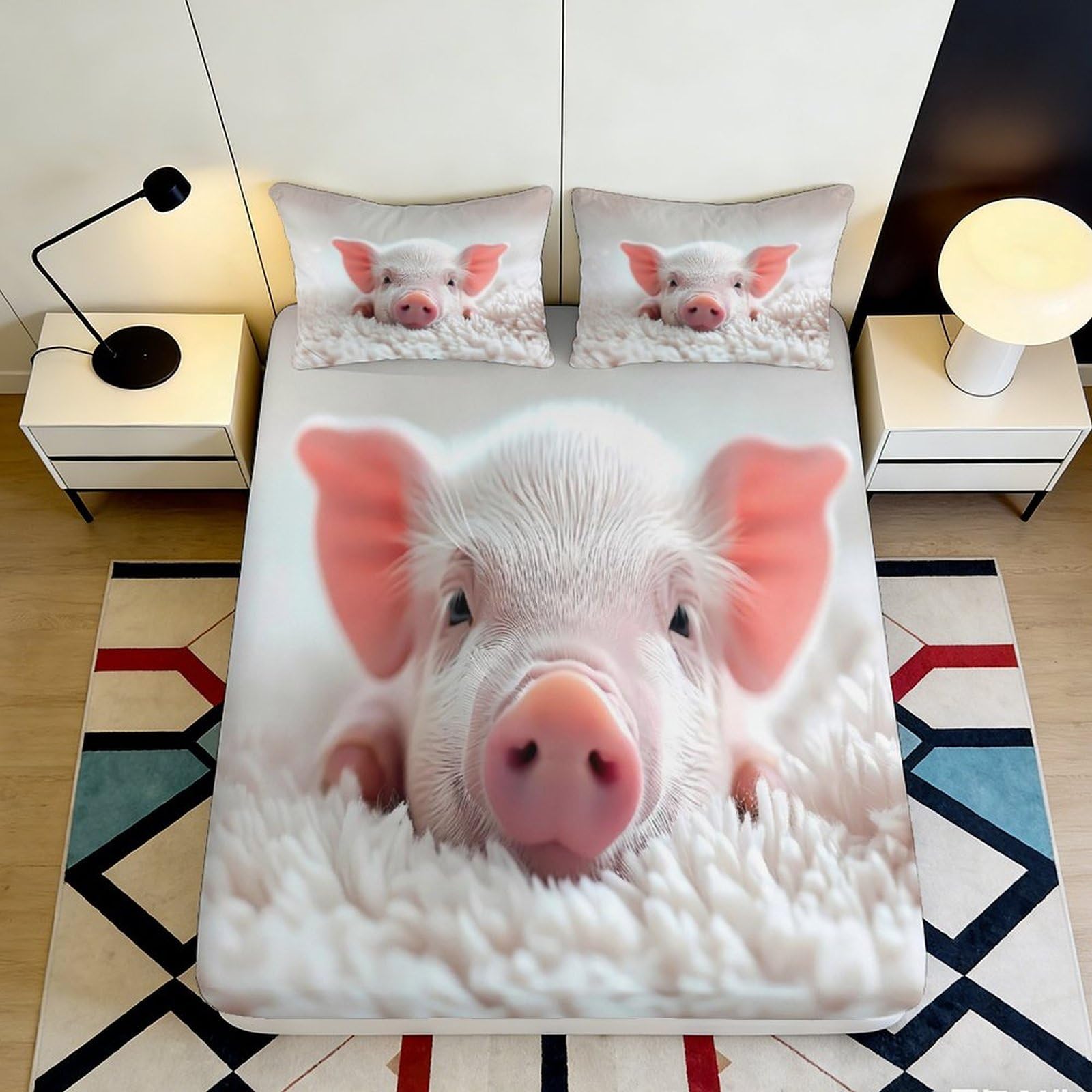 3D Printed Cute Piglet Fitted Sheet Microfiber Soft Breathable Animal Print Bed Cover for Bedroom Dormitory Guest Room Mattress Protection Decor 160x200x25cm