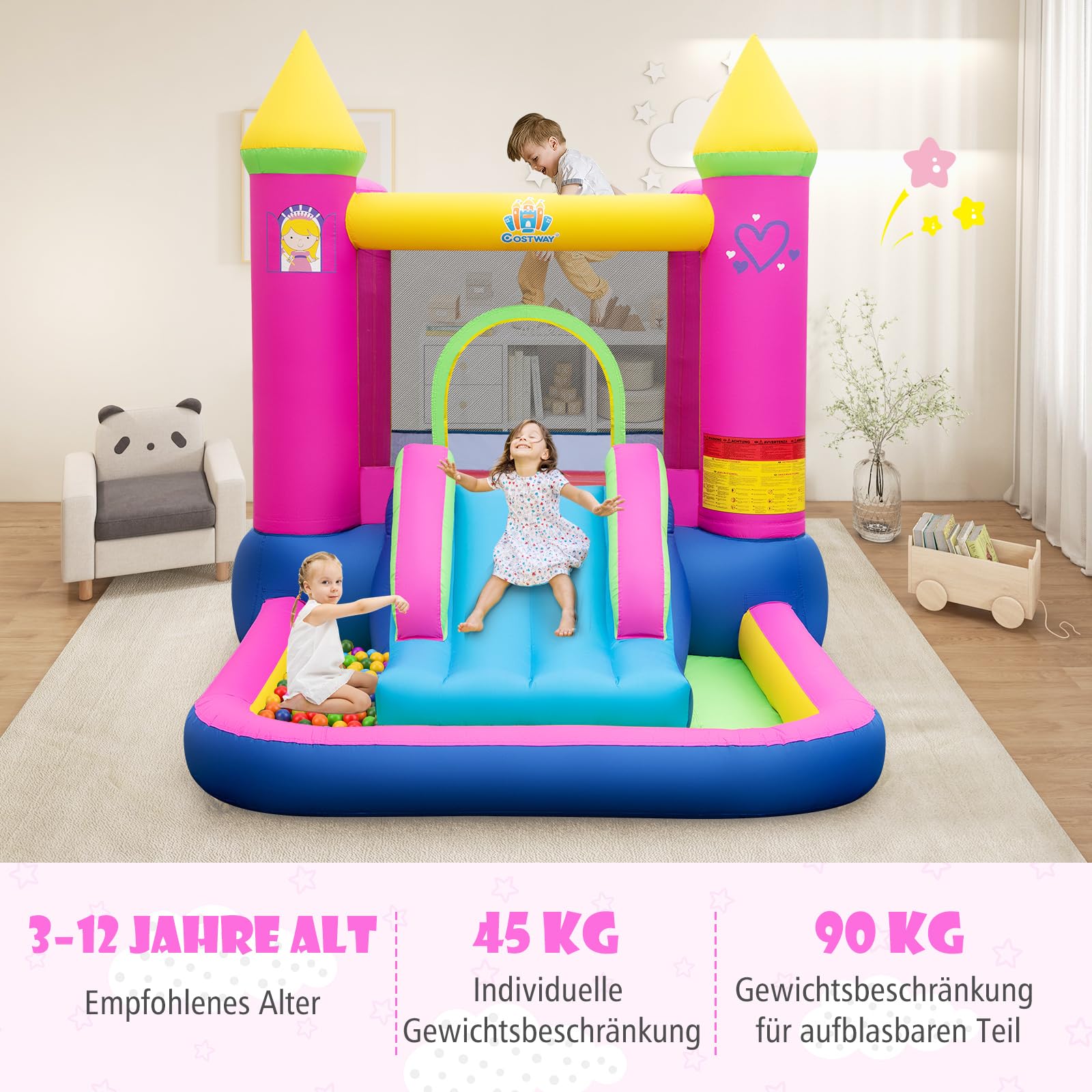 COSTWAY Hüpfburg mit Rutsche, Sprungbereich, Bällebad & Basketballkorb, für Indoor und Outdoor, inkl. Tragetasche, Reparaturset, 363 x 202 x 205 cm