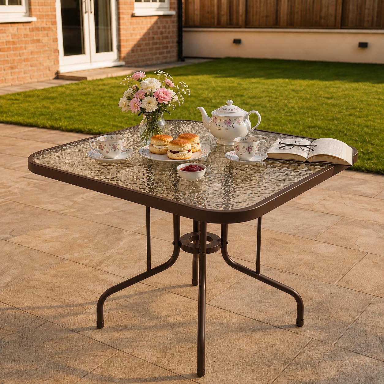 Emirates Living Square Patio Dining Table 80x80x70 cm, Brown, Metal Frame with Tempered Glass Top, for Garden, Balcony and Outdoor Use