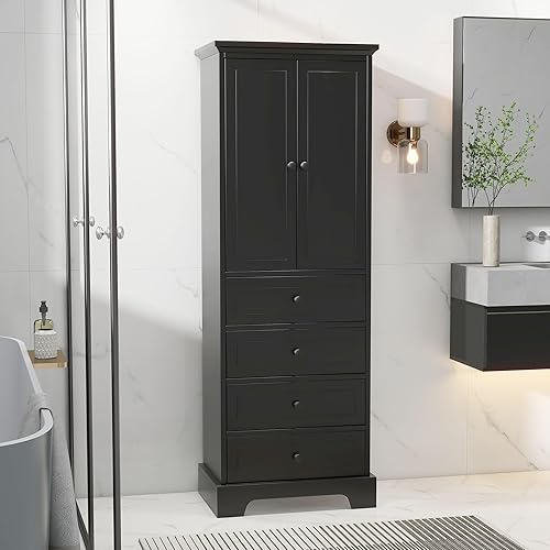 Merax Armario de almacenamiento con puertas y 3 cajones, estantería abierta, armario de despensa, organizador independiente para baño, cocina u