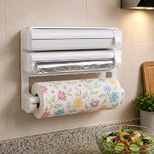 Kitchen Wrap Organizer with Sliding Cutter and Tissue Holder - 3 in 1 Wall Mounted Cling Film, Aluminium Foil and Butter Paper Dispenser for Food Storage and Cooking Use