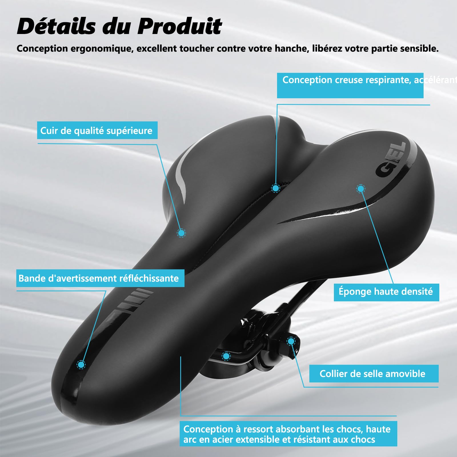 Selle Vélo Confortable, Selle Vélo Gel Ergonomique, Évidement Antipression, Imperméable, Doux & Respirant – Selle Mixte pour VTT, VTC & Terrains Variés