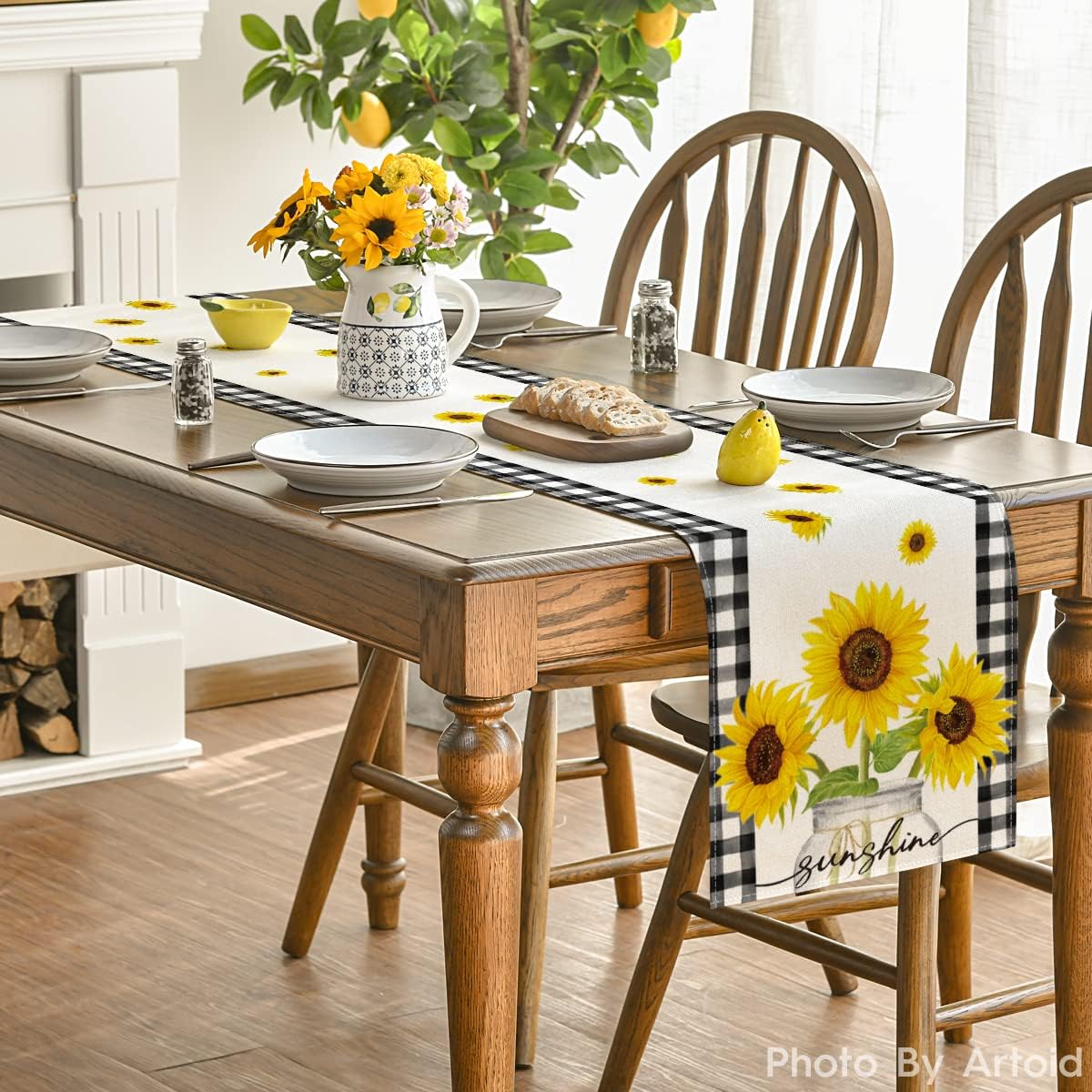 Artoid Mode Buffalo Plaid Sunflower Vase Sunshine Summer Place Mats 12x18 Inch Set of 4 and Table Runner 13x72 Inch