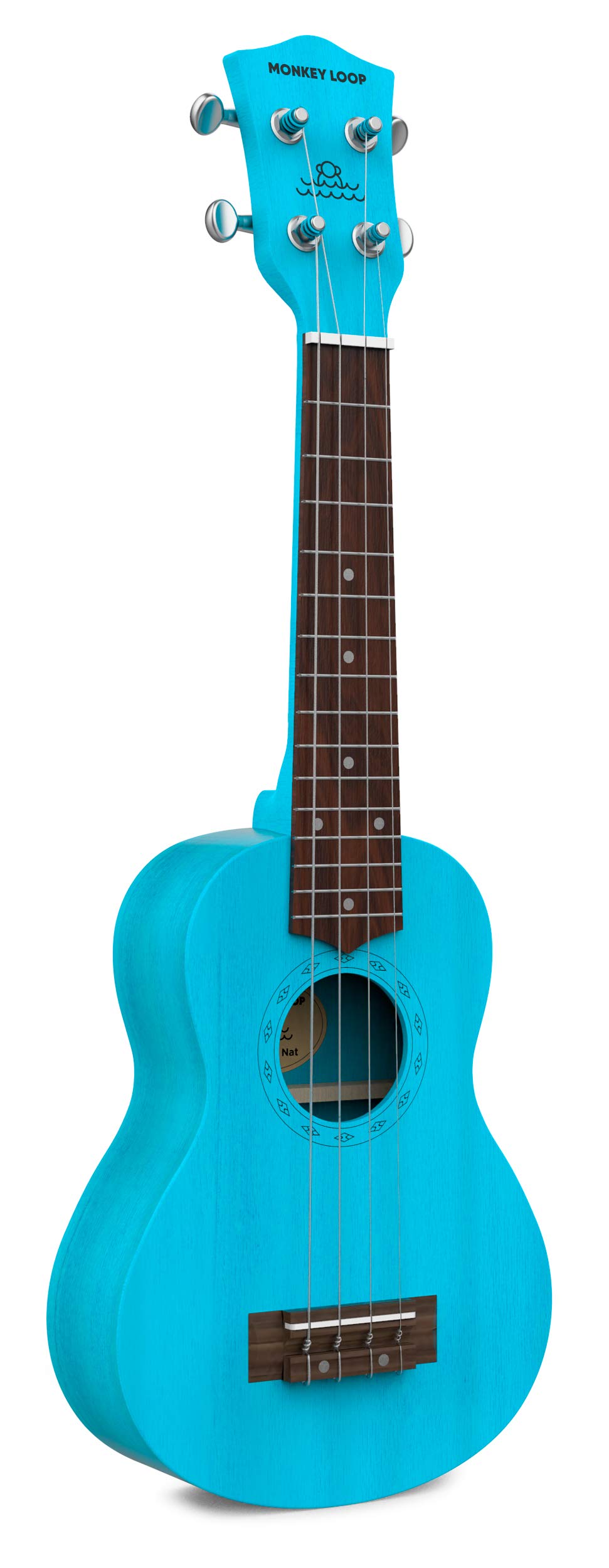 MONKEY LOOP Stone Blue - Ukulélé Soprano - Étui pour Ukulélé Inclus - Equipé de Cordes Aquila - Finition, Réglages et Accordages Surprenants - Bois de Sapelli - Couleur Bleu