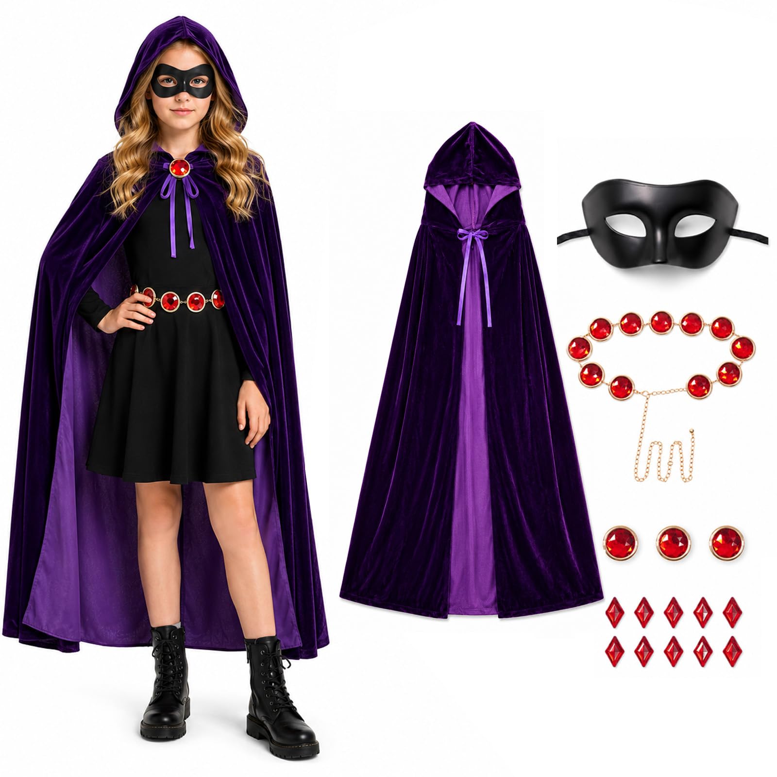 Costume da corvo per bambini, mantello viola in velluto con cappuccio, mantello con cintura, maschera per occhi con gemme rosse, per cosplay, anime, abiti di Halloween, 4 pezzi