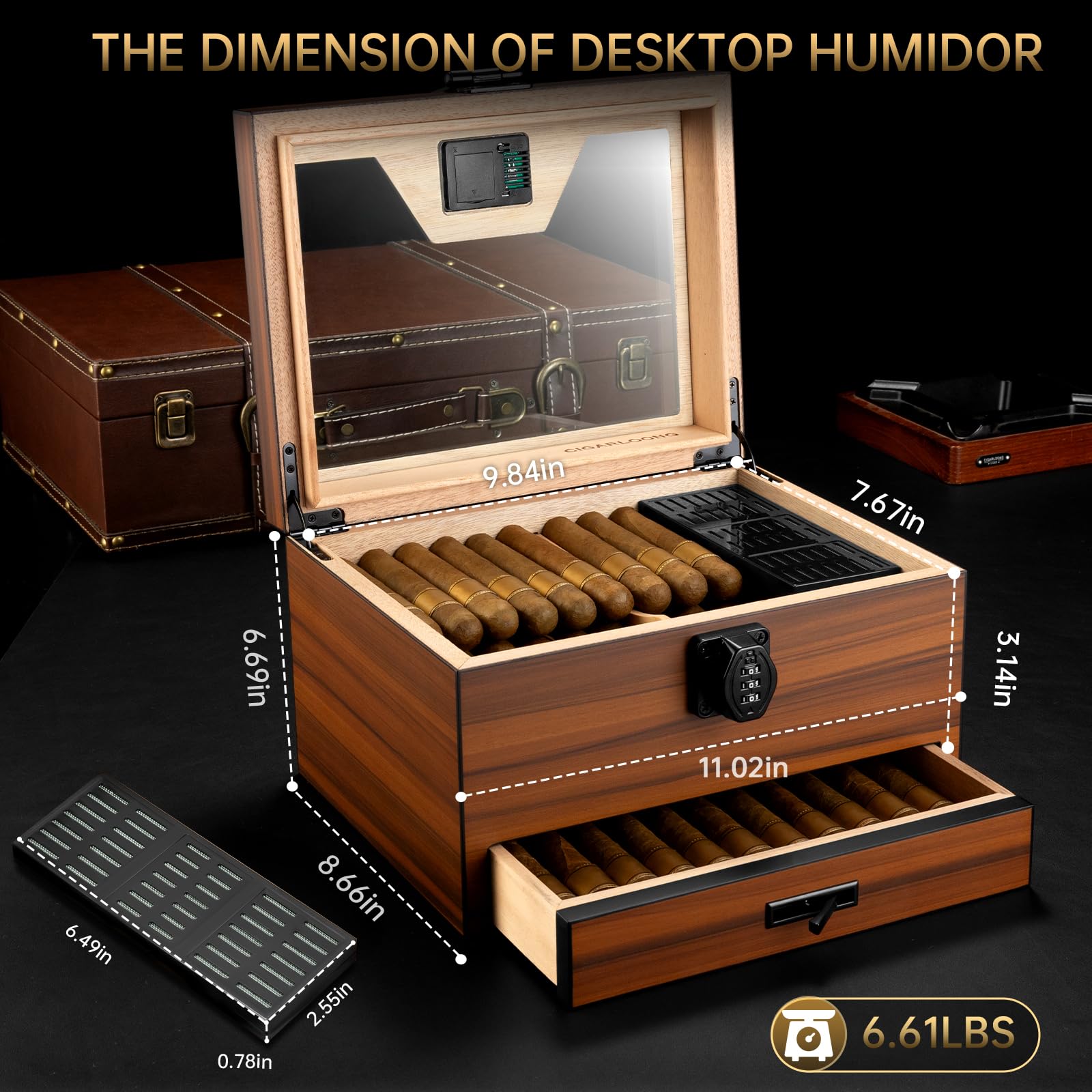 Zigarren Humidor, Zedernholz Humidor Zigarrenbox, Desktop Humidor mit Hygrometer, Luftbefeuchter, Regal, Trennwand, Zigarrenzubehör Schublade und Zahlenschloss, für 75 Zigarren, Zigarren Geschenke für