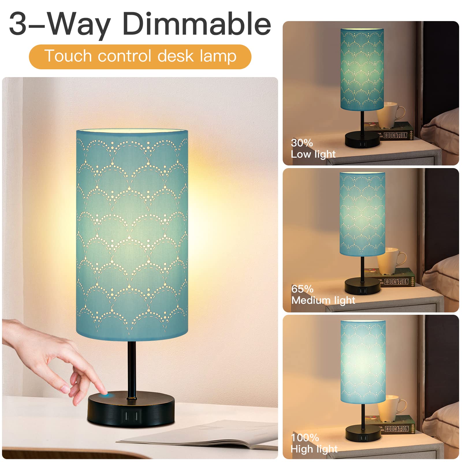 CINSARY Touch Control Bedside Lamp with 2 USB Ports, 3-Way Dimmable Table lamp for Bedroom, Nightstand Lamp with Round Blue Fabric Shade for Living Room Home Office (E26 LED Bulb Included)