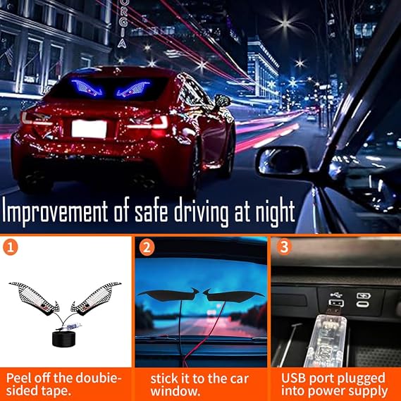 Car Devil Eye Lights,LED Window Devil Eye Lights,Dynamic Devil Eye Car Lights,Car Windscreen and Rear Window USB Plug Push Button Control Eye LED Lights