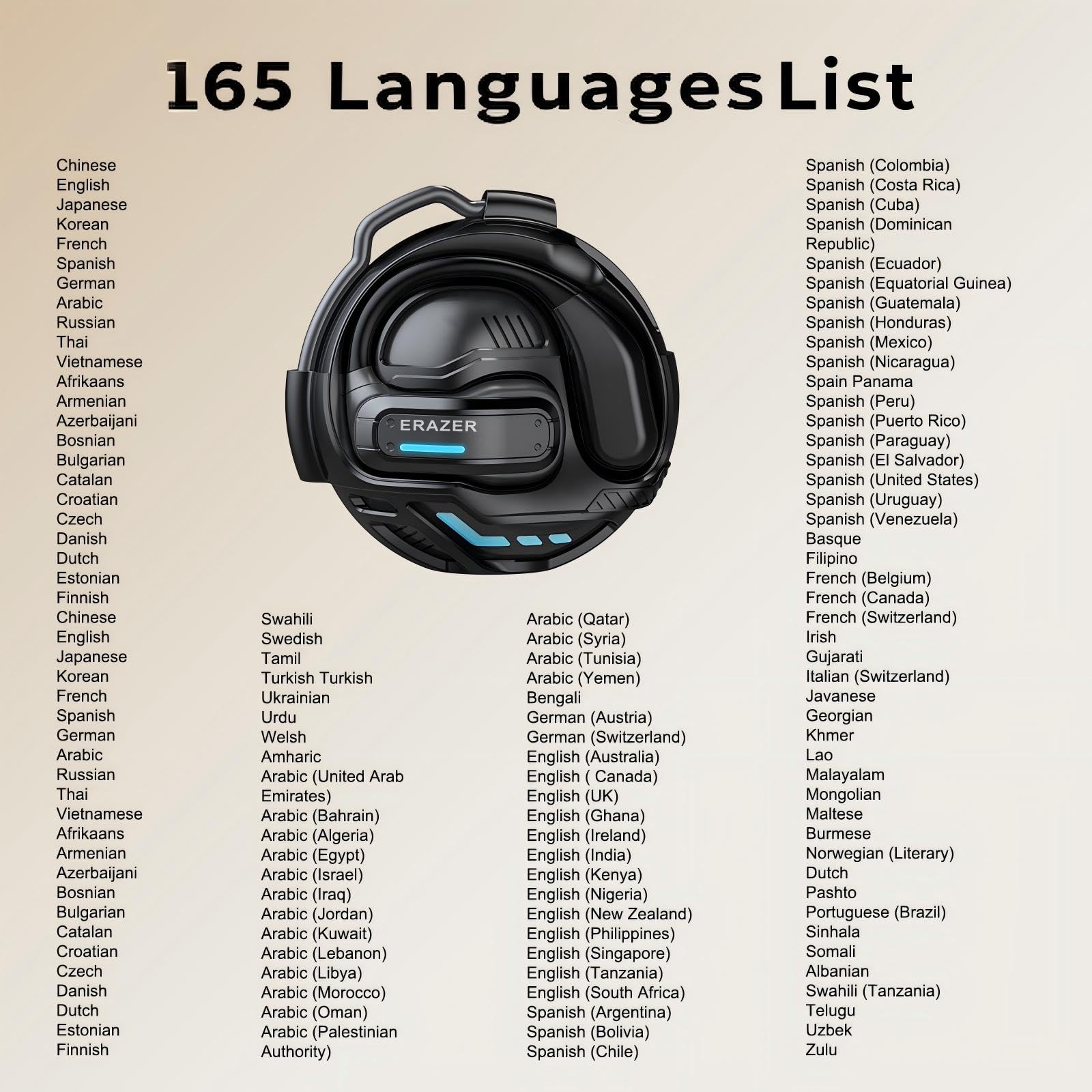 ERAZER X8 - Auriculares traductores en tiempo real con IA para traducción de idiomas en 165 idiomas, dispositivo de traducción bidireccional para iOS y Android, viajes, negocios y aprendizaje