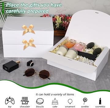 GXFCING 12 Pack White Gift Boxes with Lids 27 x 20 x 8 cm Large Bridesmaid Proposal Present Box Rectangular Party Favor Packaging Boxes with Gold Ribbon for Wedding Birthday Christmas Festival