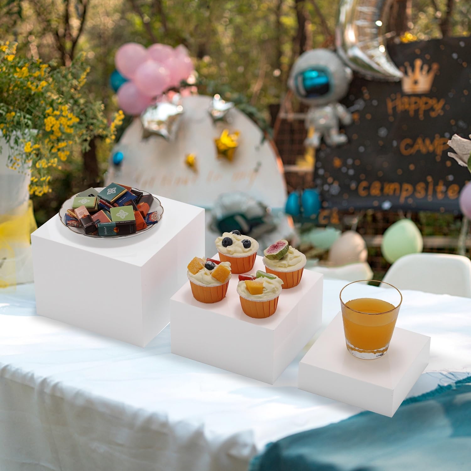 BEYLANG Acrylic Buffet Risers,Display Stand Shelf for Catering Dessert Collectibles Jewelry Figures Show, Cube Display Nesting Risers with Hollow Bottoms (6",7",8"-Glossy White)