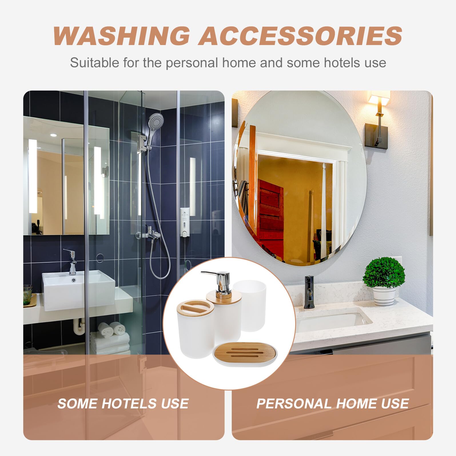 Anneome Conjunto de Accesorios de Baño y Blanco Dispensador de Jabón, Vaso para Cepillo de Dientes Bandeja de Jabón en Bambú para Mantener Baño Ordenado