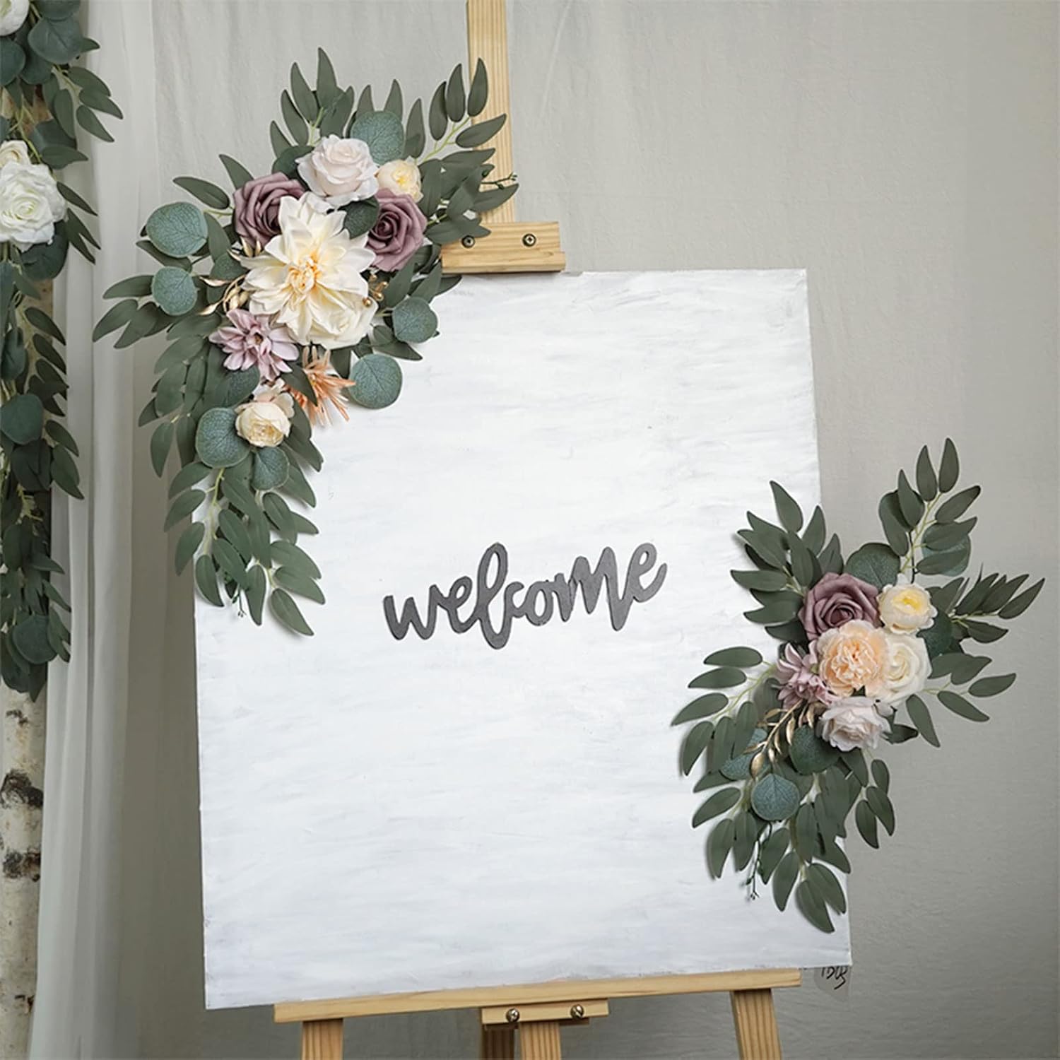 Artificial Wedding Arch Flowers Set of 2, Rose Flower Swag Arrangements DIY Greenery Floral Swag for Wedding Reception Backdrop Table Decorations Welcome Sign