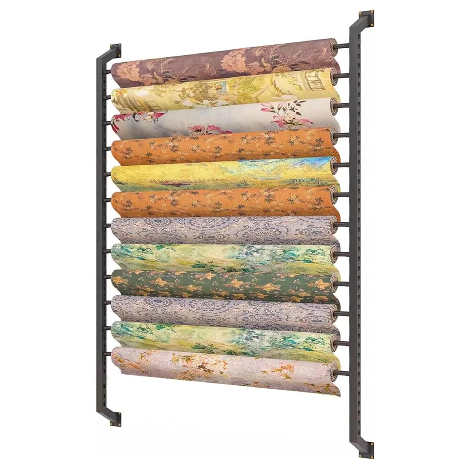 Soporte para cintas ajustable de 13 varillas que optimiza el almacenamiento de rollos textiles