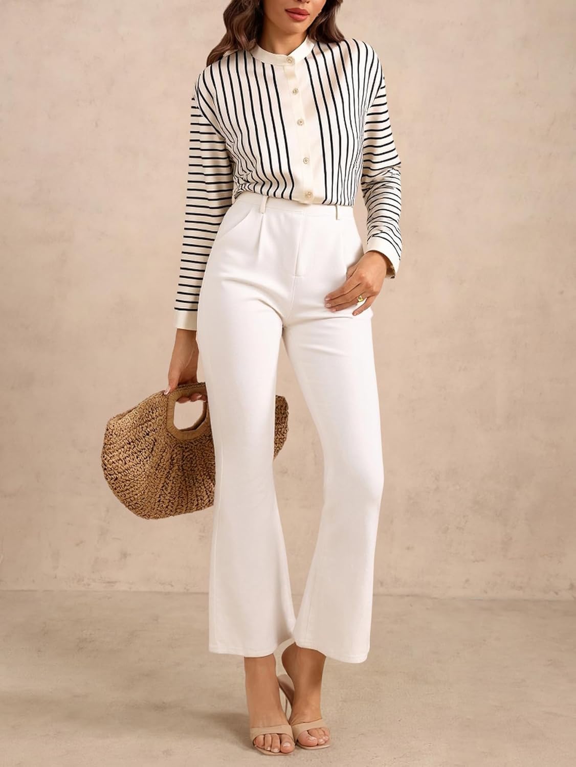 Women's Striped Mock Neck Shirt Button Down Long Sleeve Business Casual Blouses - Image 5