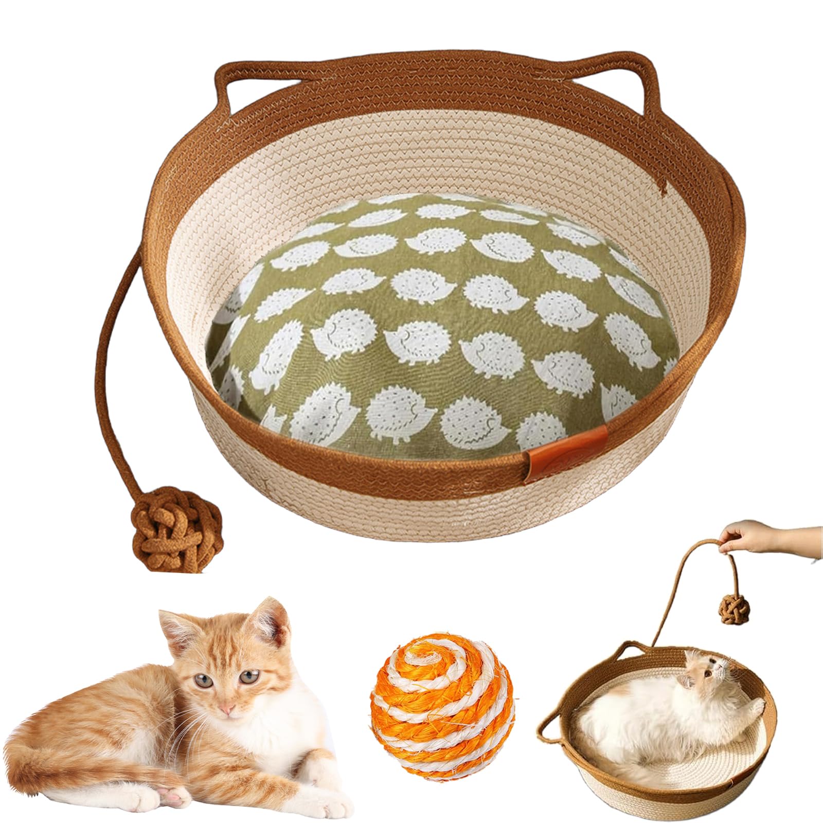 HItianya Virelapets Woven Rope Cat Basket, Virela Woven Rope Cat Basket, 13” /16” /18” Dual Pets Scratching Pad, Hand Ropes Cats Bed with Built-In Scratching Mat & Play Ball (Khaki (Padded), 13 in) — image 1