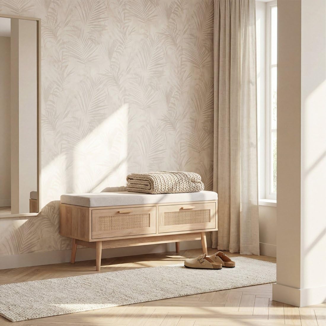 KLAST Banc en Bois et Rotin Naturel avec Coussin Tahiti Comprend Deux Tiroirs et Apporte Une Touche Naturelle et Confort à Tout Espace